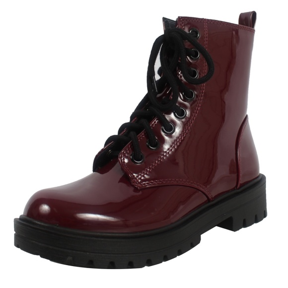 Shoes - Burgundy Faux Patent Leather Combat Lace Up Ankle